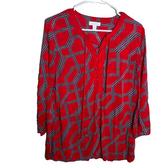 Charter Club Blouse Women's Medium Red V-Neck 3/4 Sleeve Career Shirt Top - Picture 1 of 8